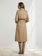 Dam lång dubbelknäppt trenchcoat med bältad midja, övergångskappa