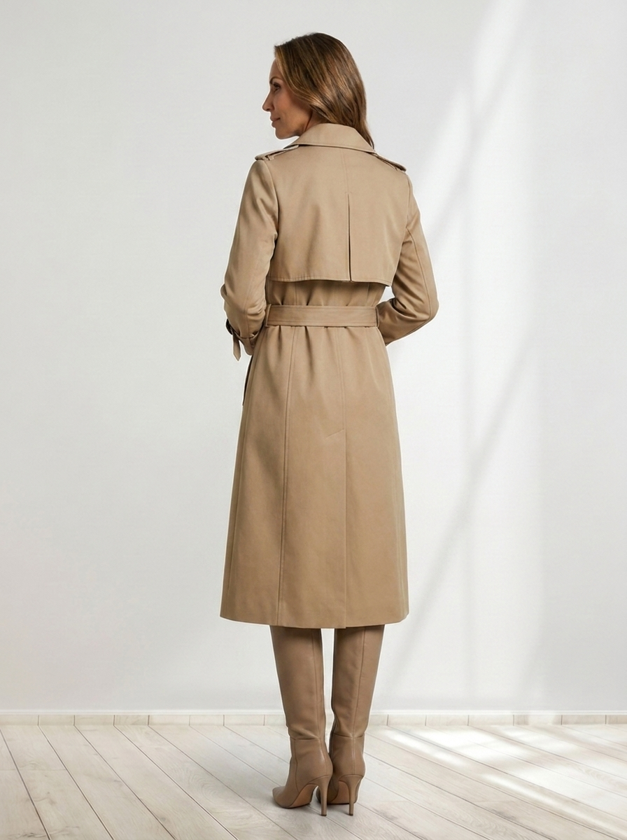 Dam lång dubbelknäppt trenchcoat med bältad midja, övergångskappa