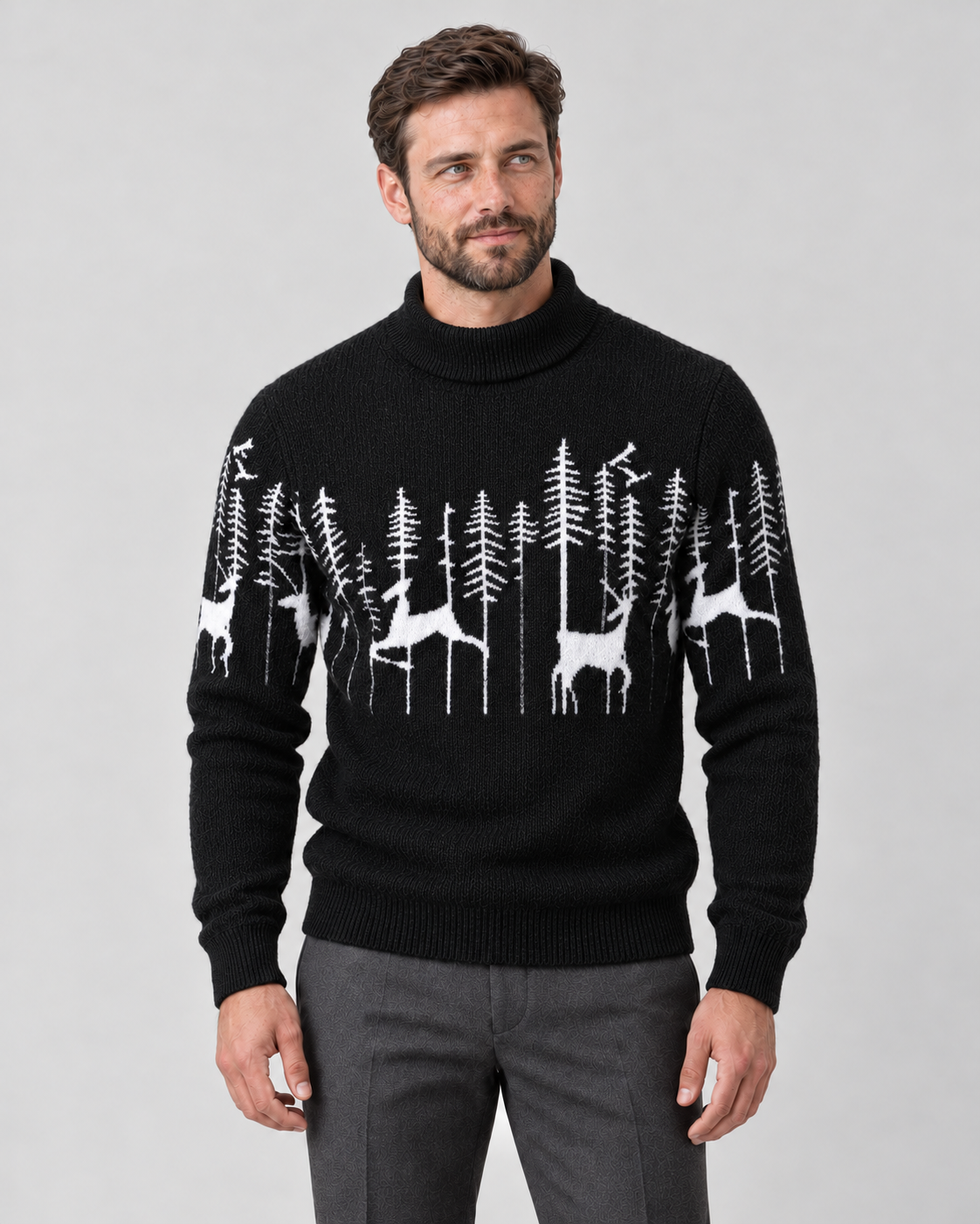 Jultröja herr med renmönster, jacquard och mockneck i mjuk stickning