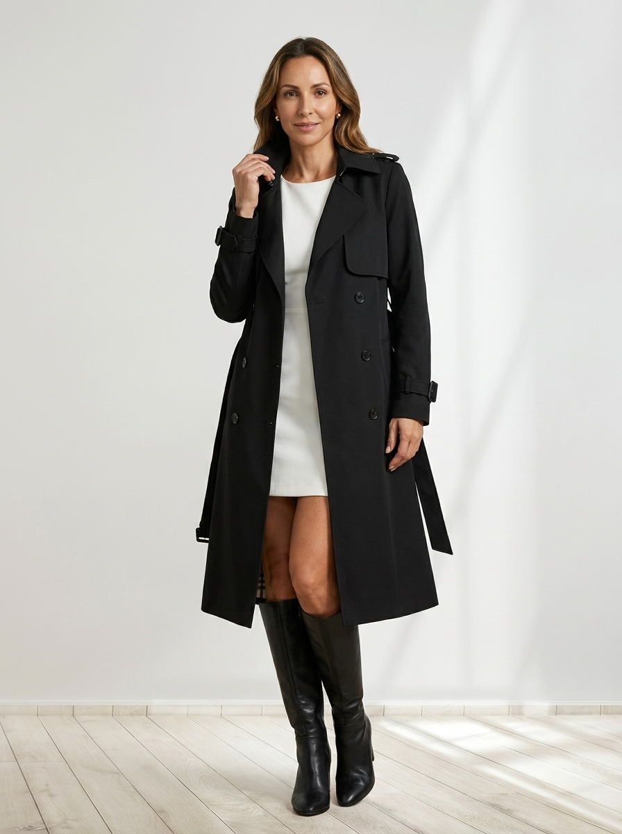 Dam lång dubbelknäppt trenchcoat med bältad midja, övergångskappa