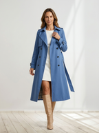 Dam lång dubbelknäppt trenchcoat med bältad midja, övergångskappa