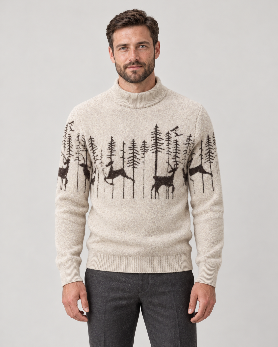 Jultröja herr med renmönster, jacquard och mockneck i mjuk stickning