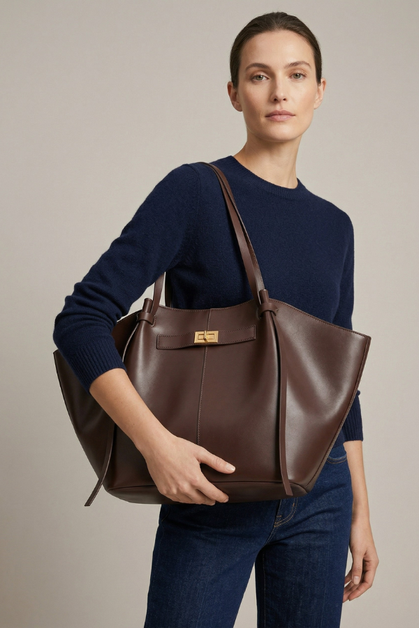 Tote bag dam mjuk med guldbeslag och rymligt huvudfack