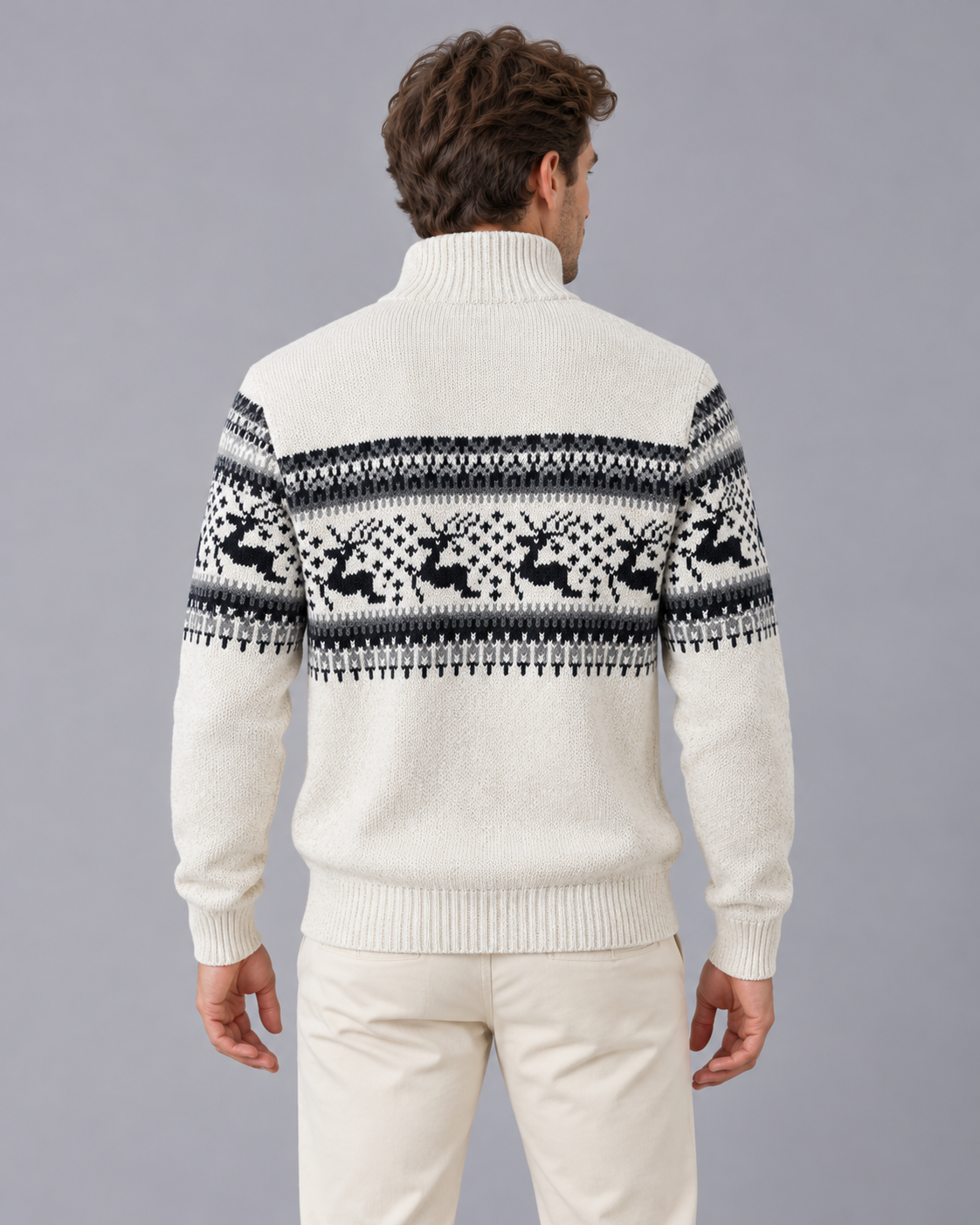 Jultröja herr Fair Isle med renmönster, ullblandad stickad tröja