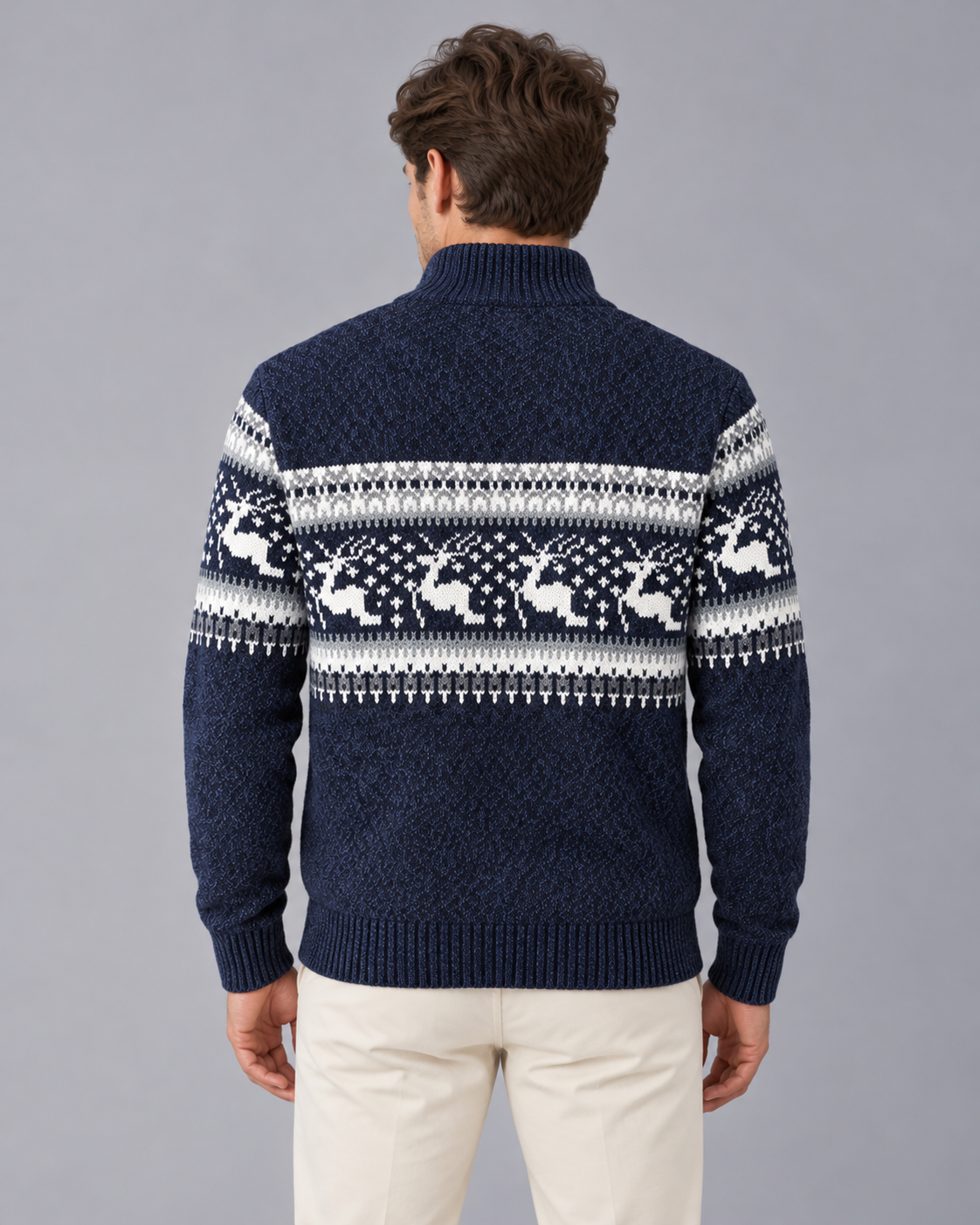 Jultröja herr Fair Isle med renmönster, ullblandad stickad tröja