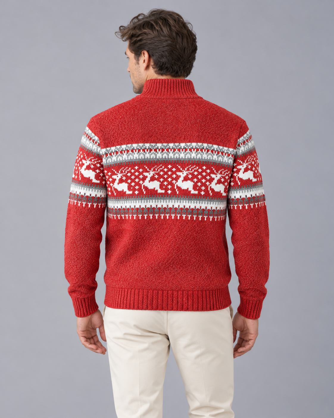 Jultröja herr Fair Isle med renmönster, ullblandad stickad tröja