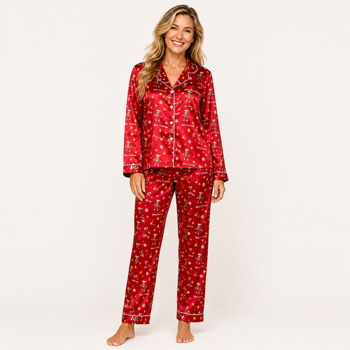 Julpyjamas dam i rött satin med långärmad skjorta och långbyxor