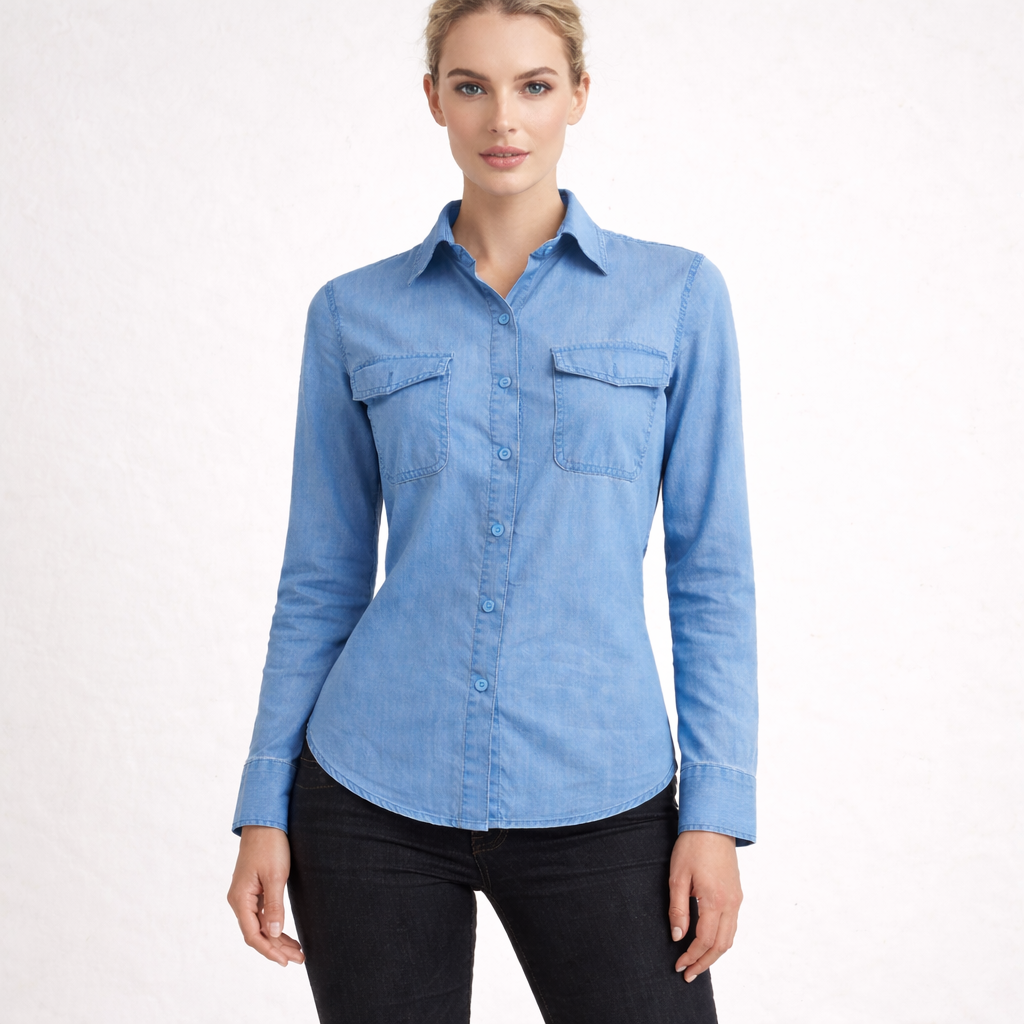 Klassisk Långärmad Jeansskjorta Dam i Mjuk Denim