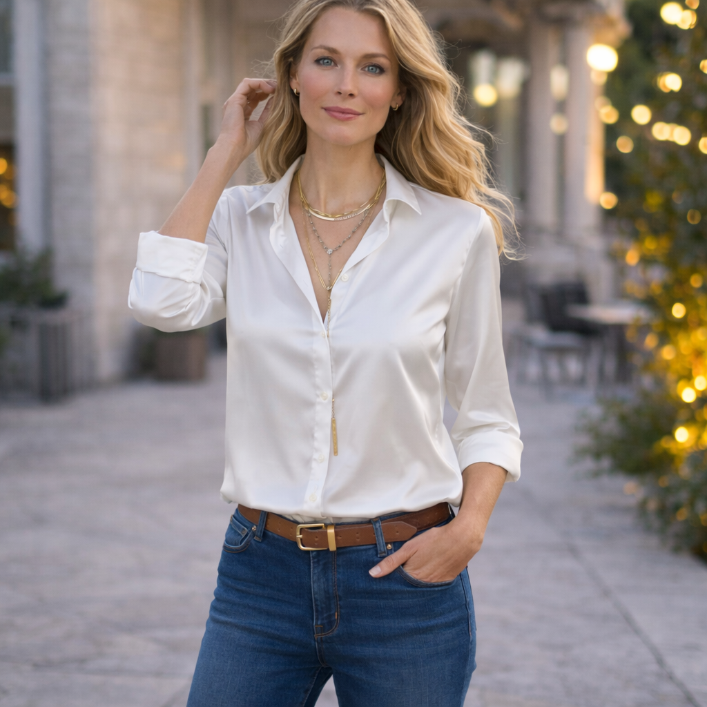 Kenna Satinblus Dam – V-ringning & Långärmad Elegans