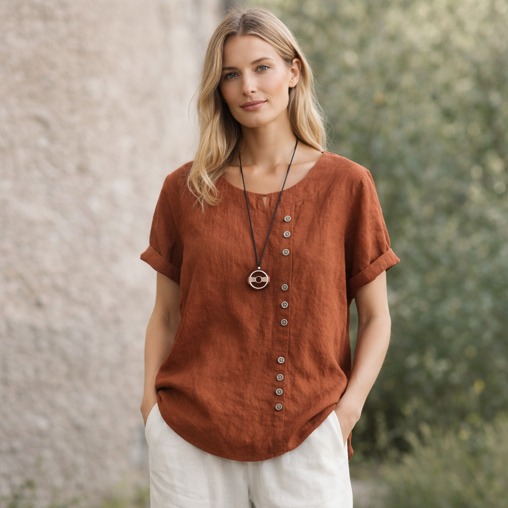 Gerlina - Linneblus Kortärmad Dam med Knäppning