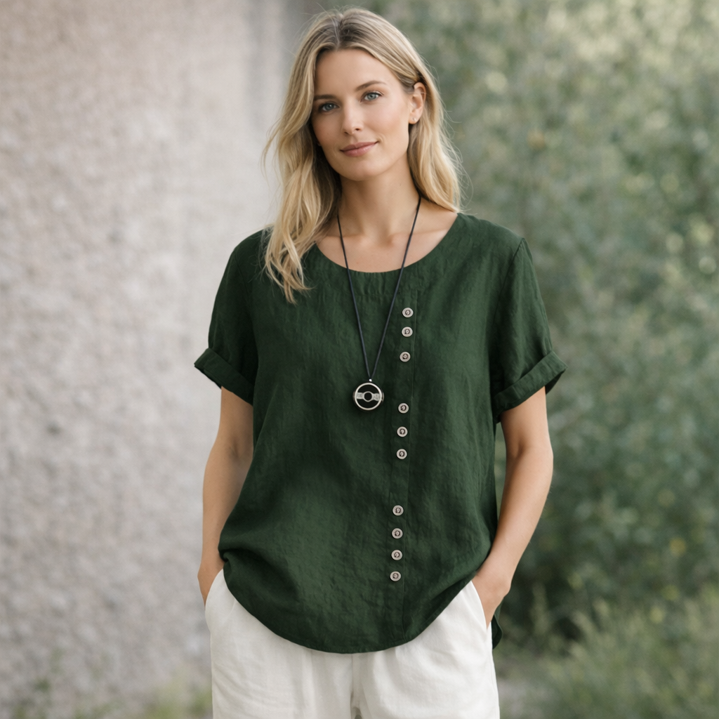 Gerlina - Linneblus Kortärmad Dam med Knäppning