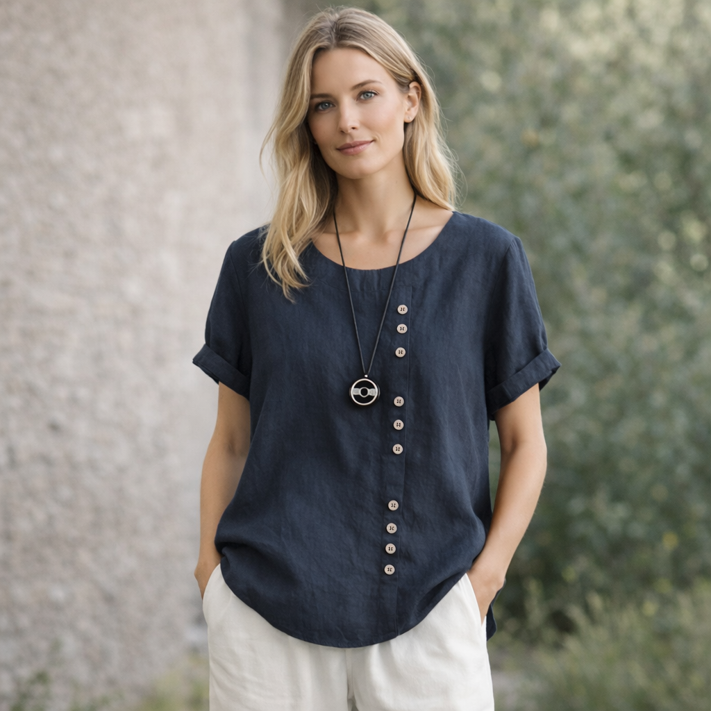 Gerlina - Linneblus Kortärmad Dam med Knäppning