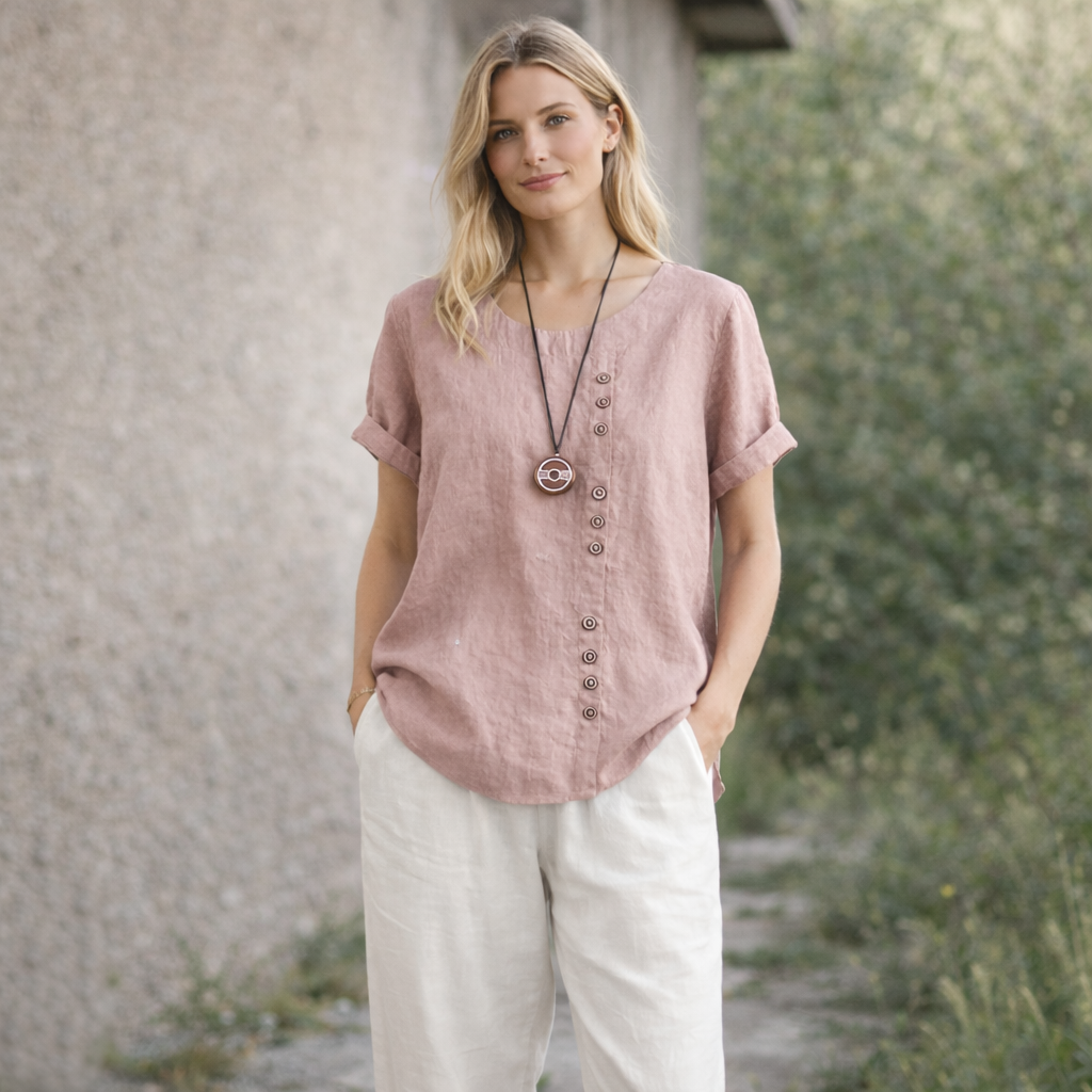 Gerlina - Linneblus Kortärmad Dam med Knäppning