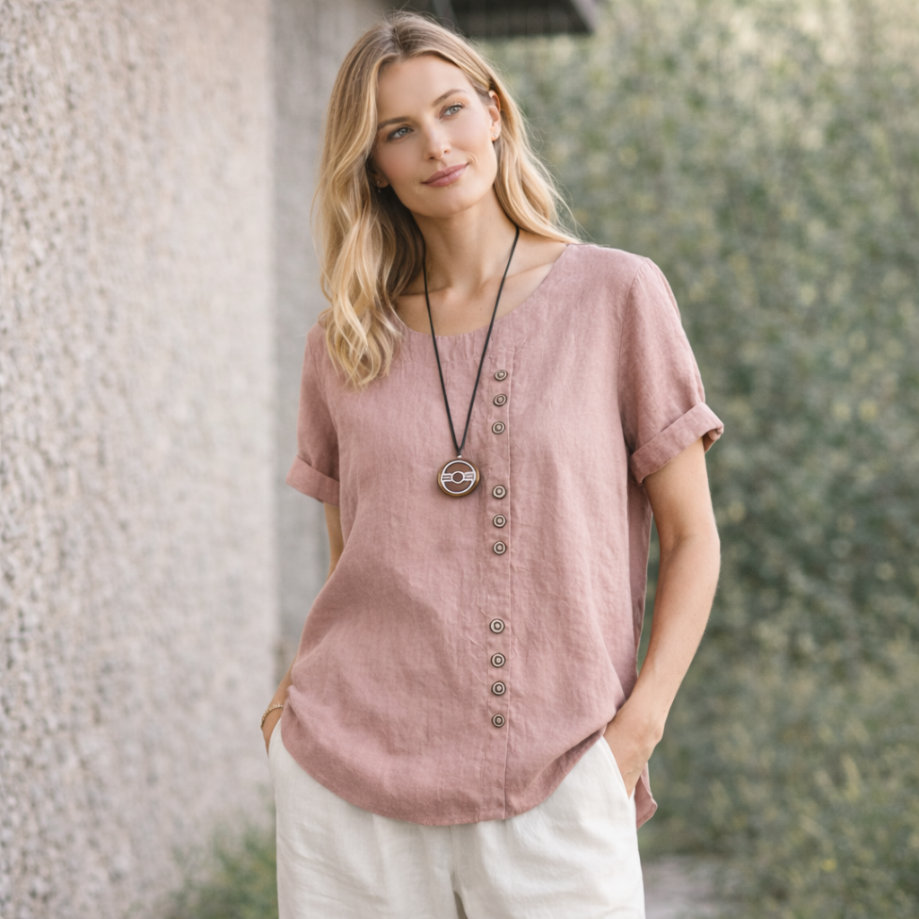 Gerlina - Linneblus Kortärmad Dam med Knäppning