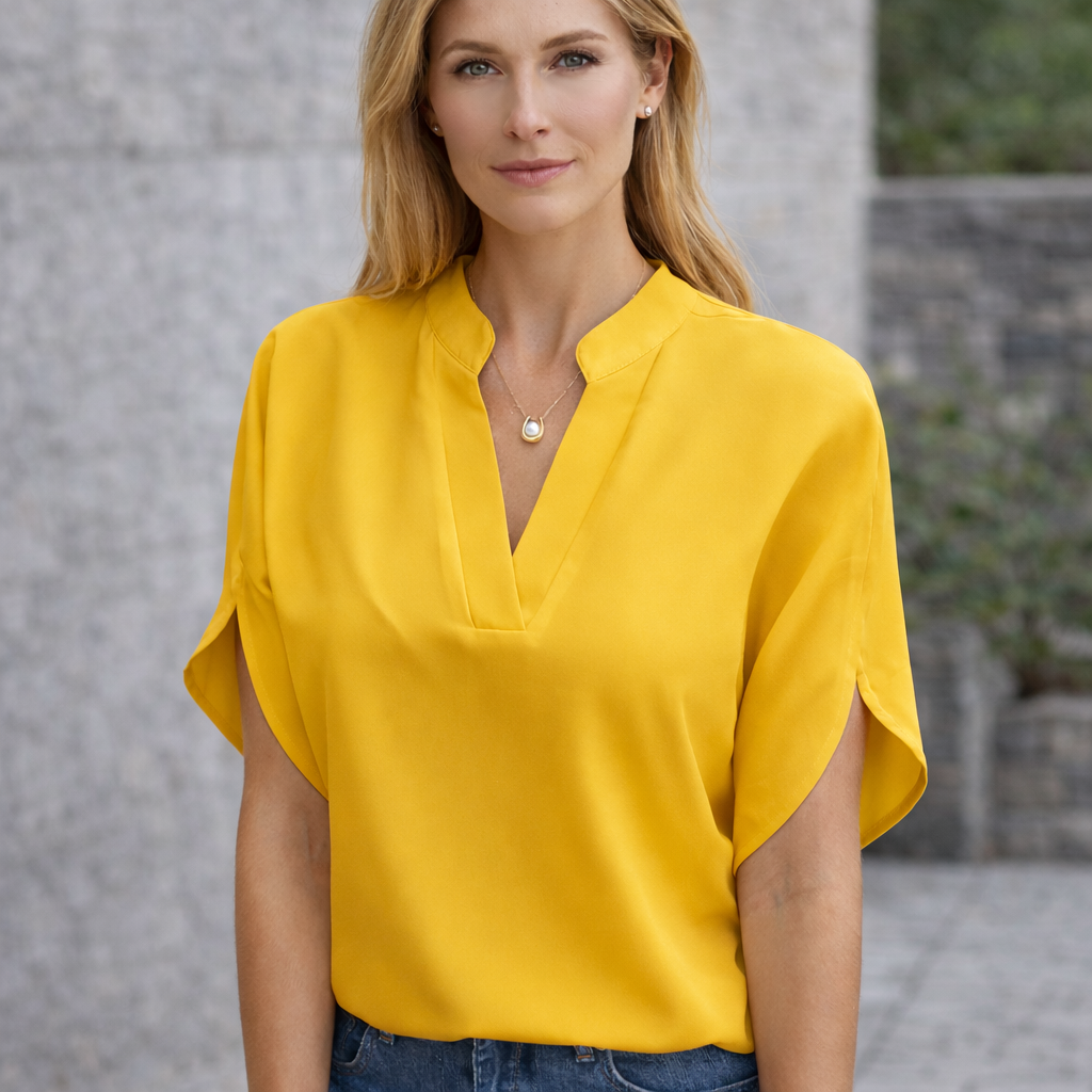 Lina - Elegant Blus Dam med V-ringning och Korta Ärmar