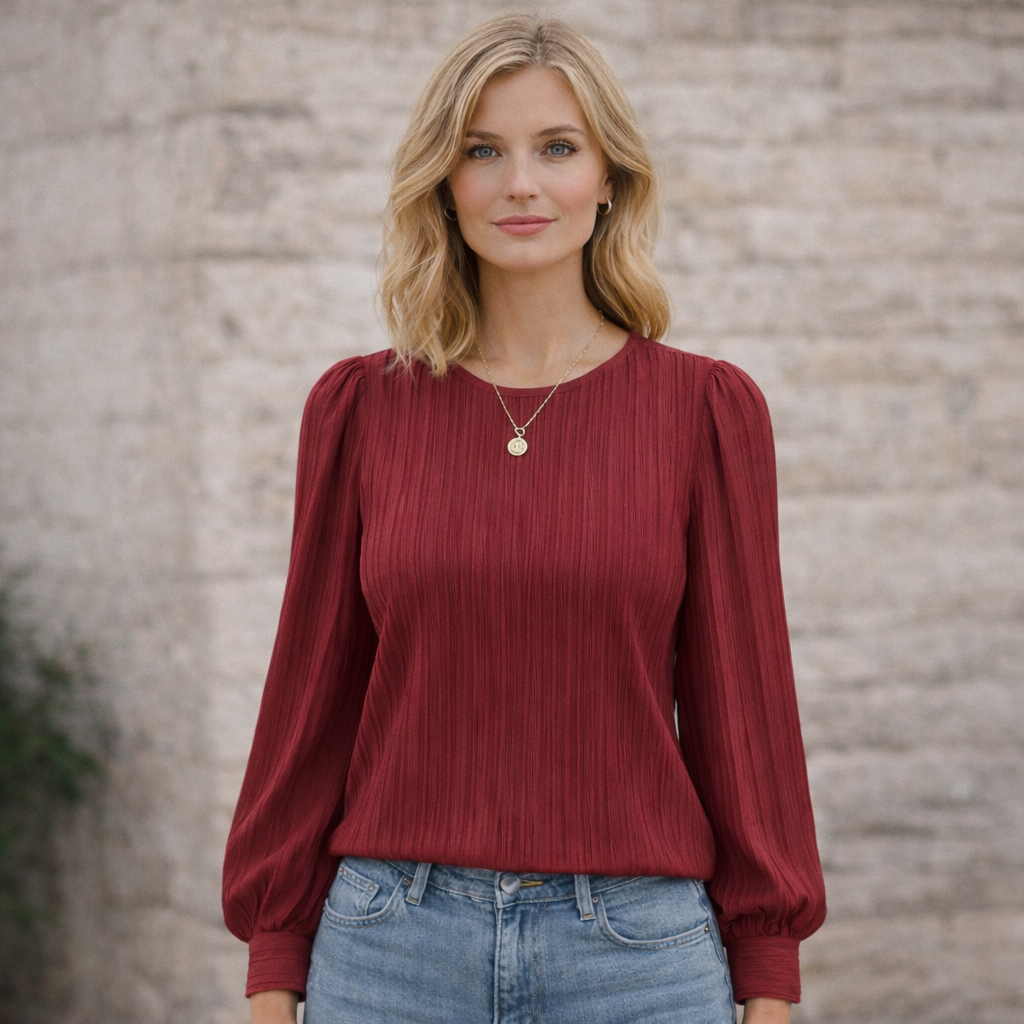 Emma - Elegant Plisserad Blus Dam med Lång Ärmar