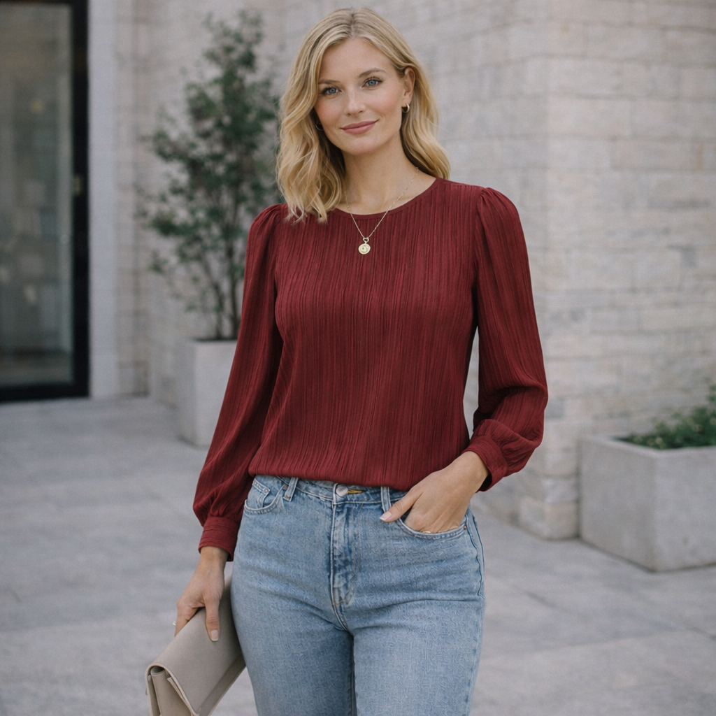 Emma - Elegant Plisserad Blus Dam med Lång Ärmar