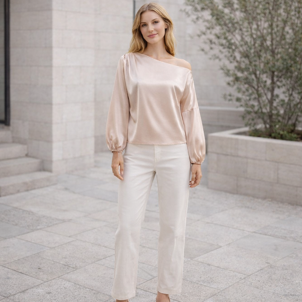 Astrid - One-Shoulder Satinblus Dam med Ballongärmar