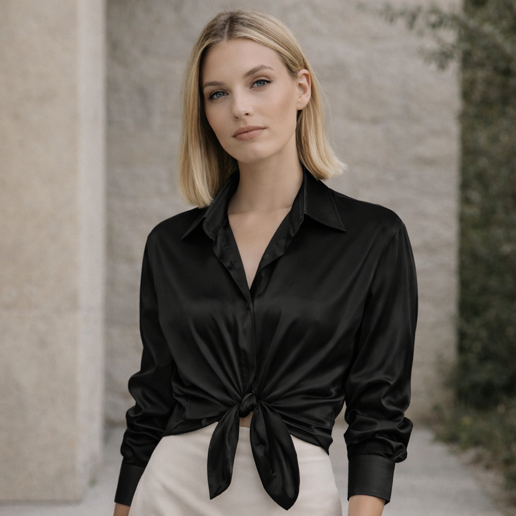 Florentine - Satinblus Dam Långärmad med Knäppning
