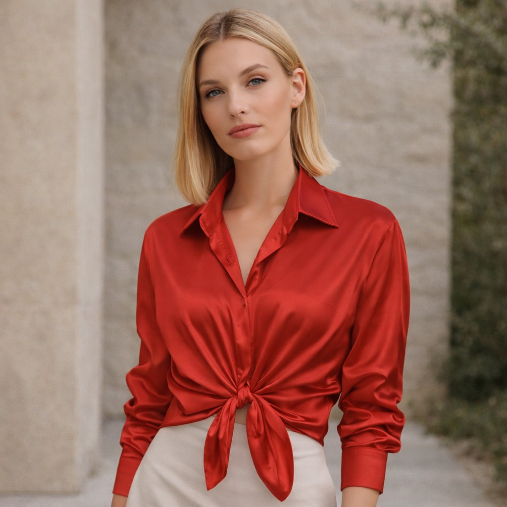 Florentine - Satinblus Dam Långärmad med Knäppning