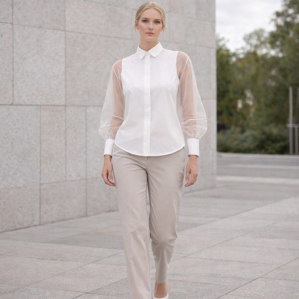 Elegant Damskjorta med Transparenta Ärmar och Klassisk Krage