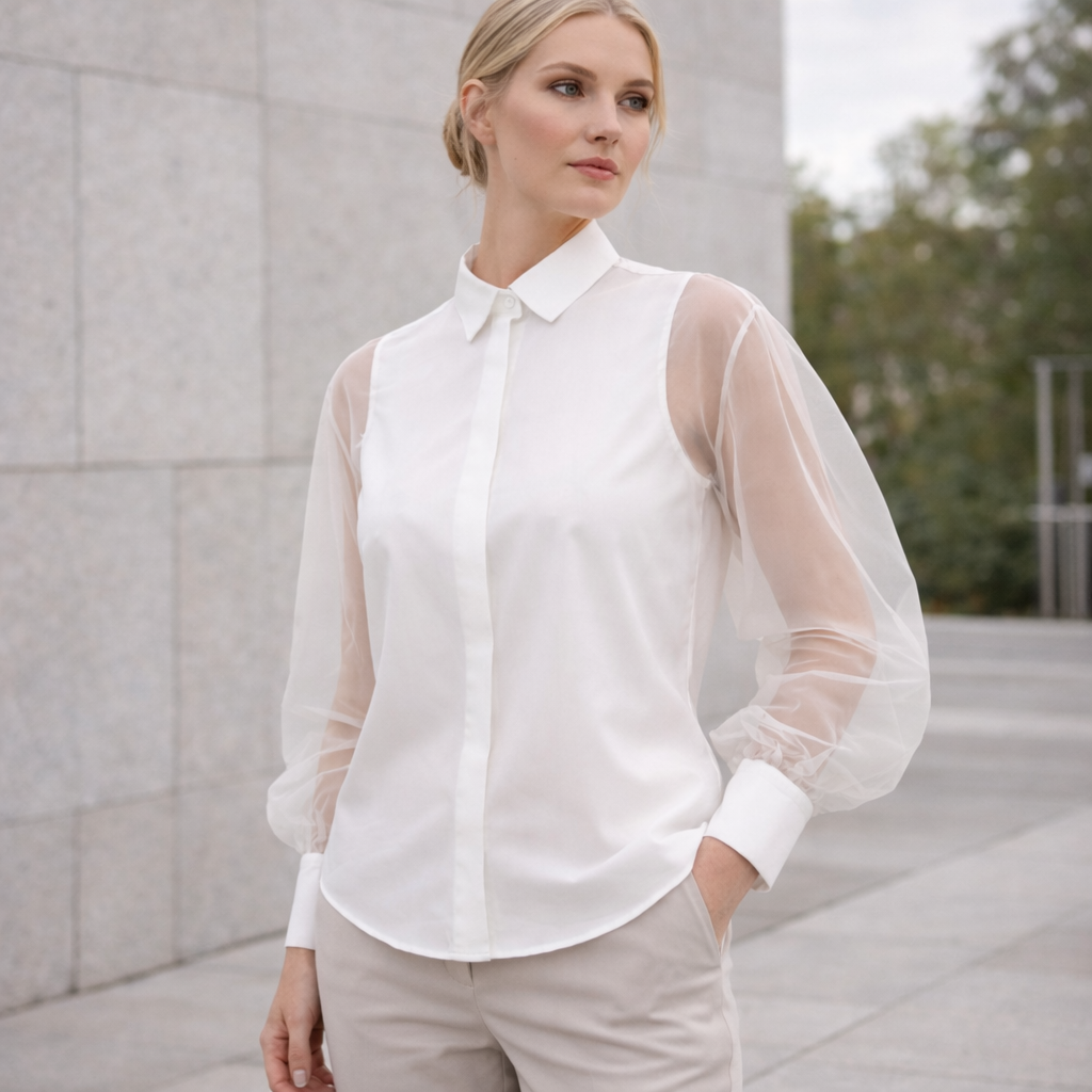 Elegant Damskjorta med Transparenta Ärmar och Klassisk Krage