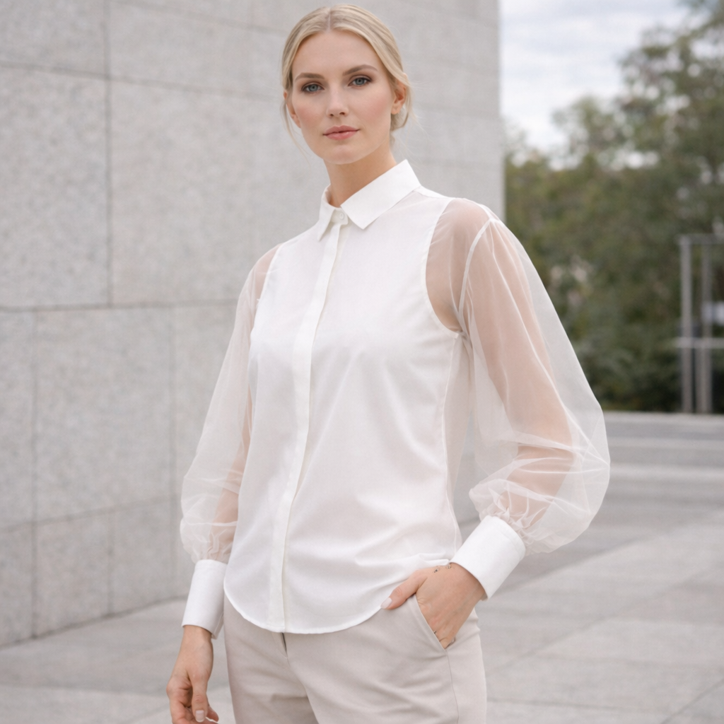 Elegant Damskjorta med Transparenta Ärmar och Klassisk Krage