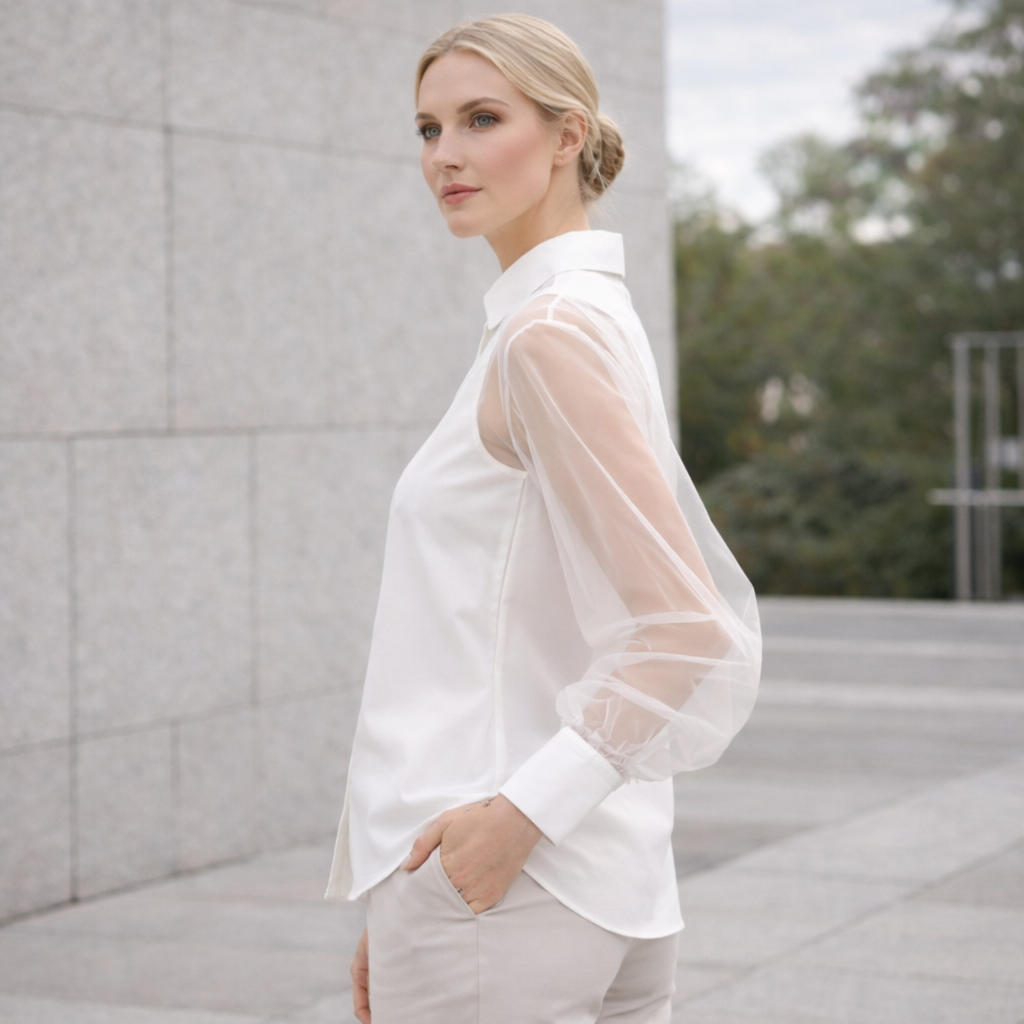 Elegant Damskjorta med Transparenta Ärmar och Klassisk Krage