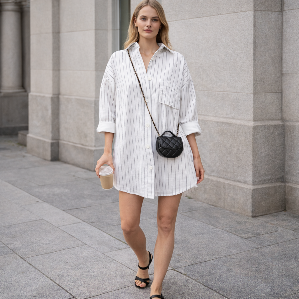 Aurelia - Oversized Skjortklänning Dam Randig med Knäppning