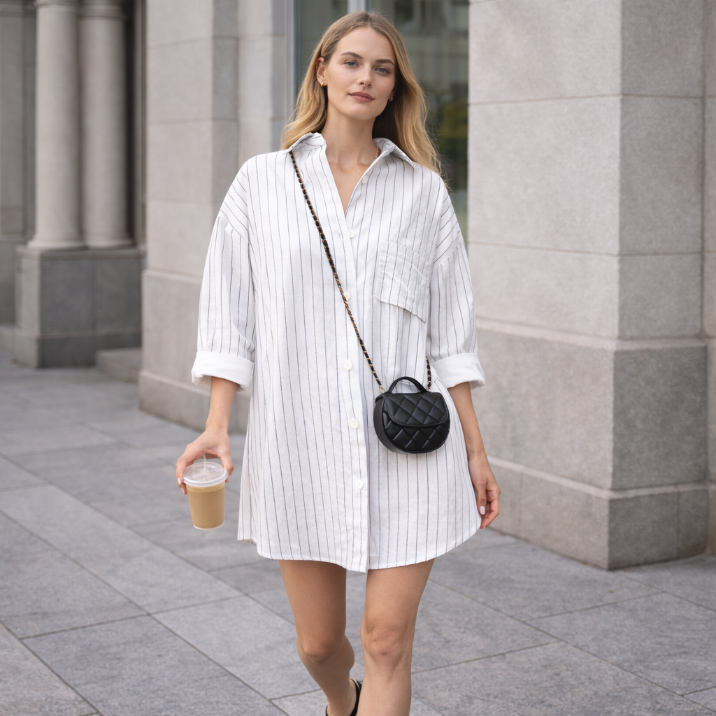 Aurelia - Oversized Skjortklänning Dam Randig med Knäppning