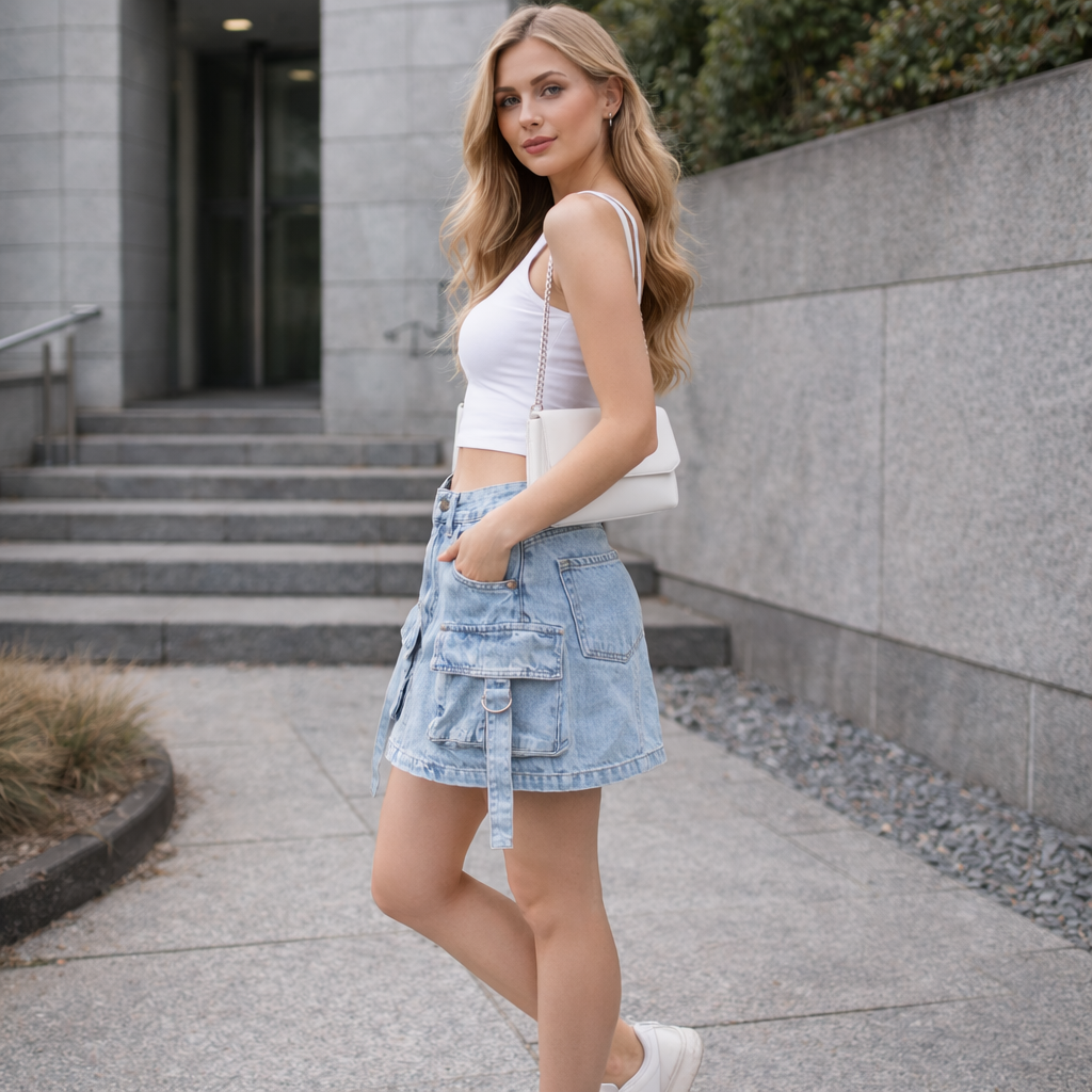 Dalina - Cargo Denim Minikjol A-linje med Fickor