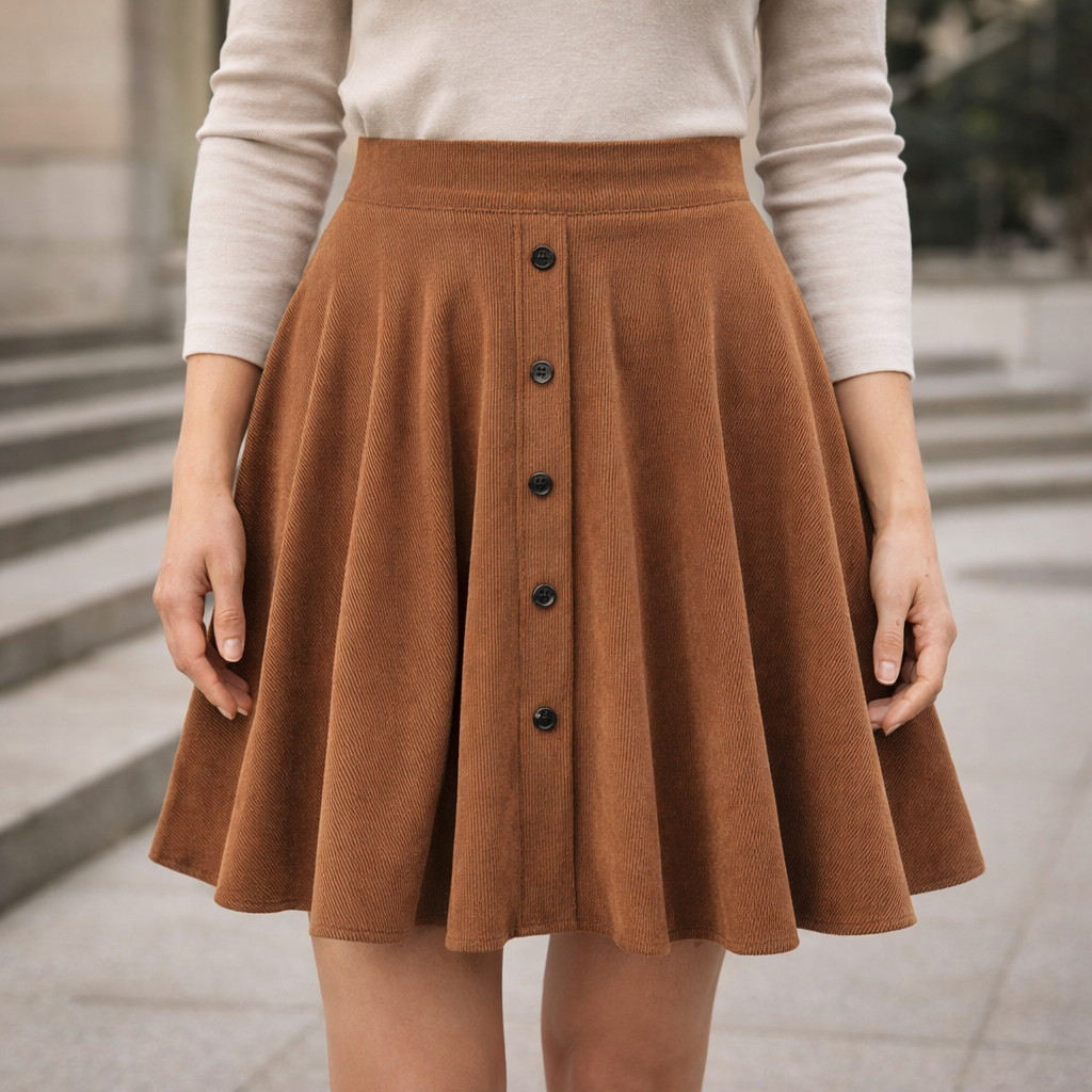 Lina - Utsvängd Corduroy Kjol Dam med Knappar