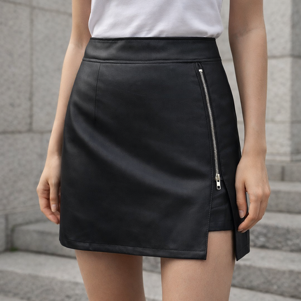 Selene - Konstläder Mini Kjol Dam – Högmidjad med Dragkedja & Slits