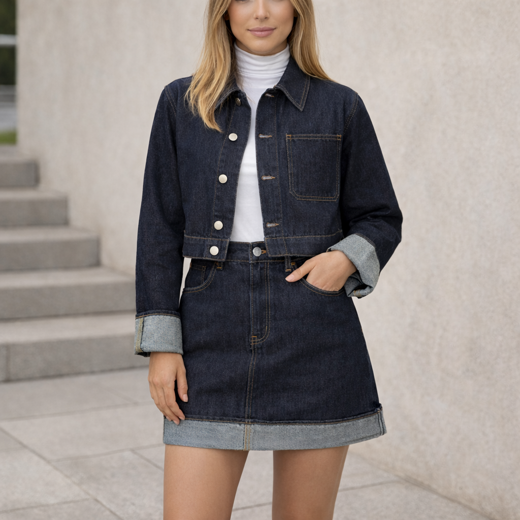 Denimset Dam – Cropped Jeansjacka & Högmidjad Minikjol