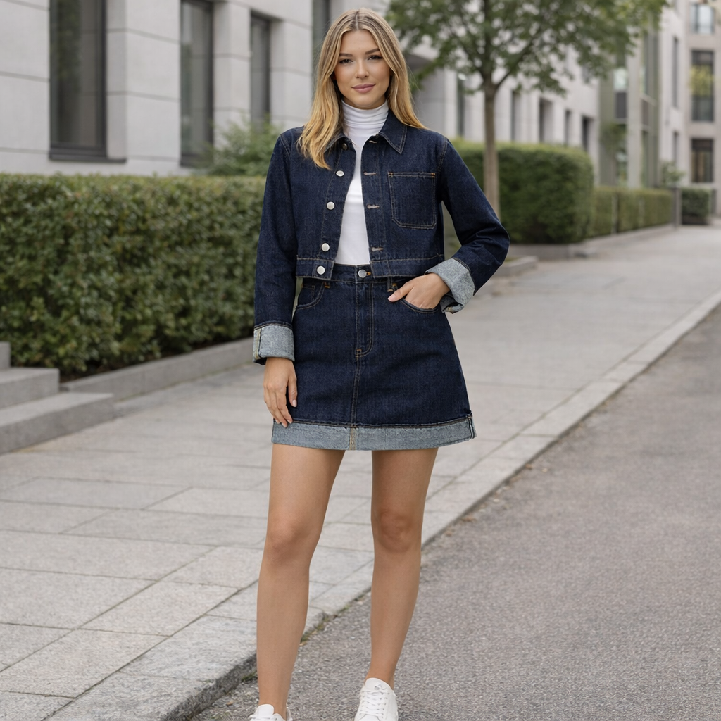 Denimset Dam – Cropped Jeansjacka & Högmidjad Minikjol