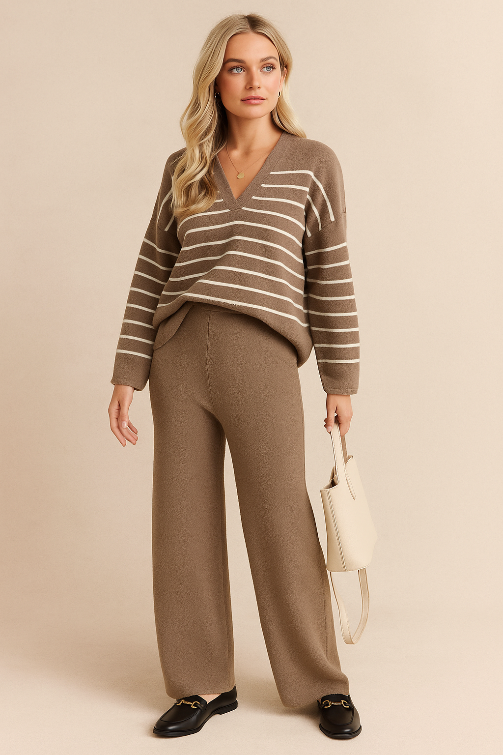 Stickat set dam tvådelad tweed randig blus och vida byxor