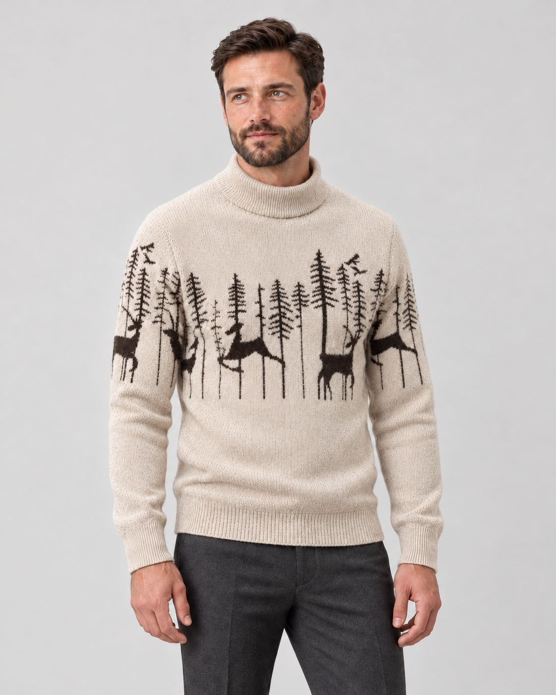 Jultröja herr med renmönster, jacquard och mockneck i mjuk stickning
