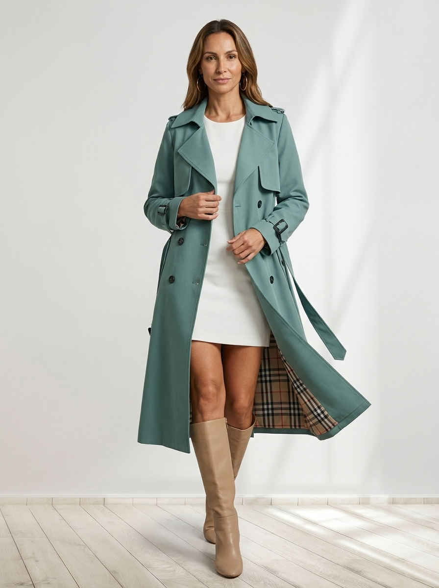Dam lång dubbelknäppt trenchcoat med bältad midja, övergångskappa
