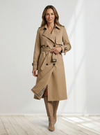 Dam lång dubbelknäppt trenchcoat med bältad midja, övergångskappa