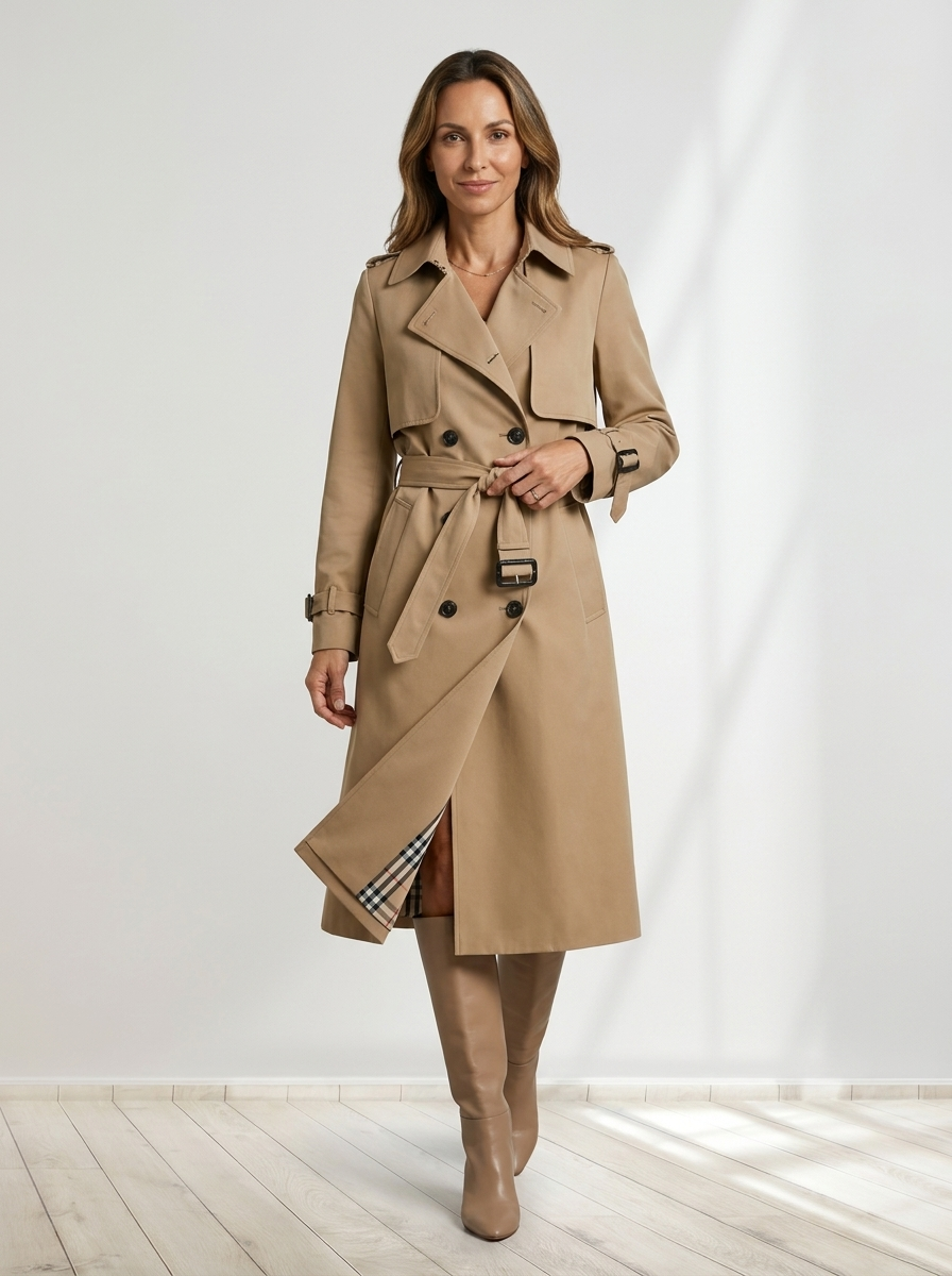 Dam lång dubbelknäppt trenchcoat med bältad midja, övergångskappa