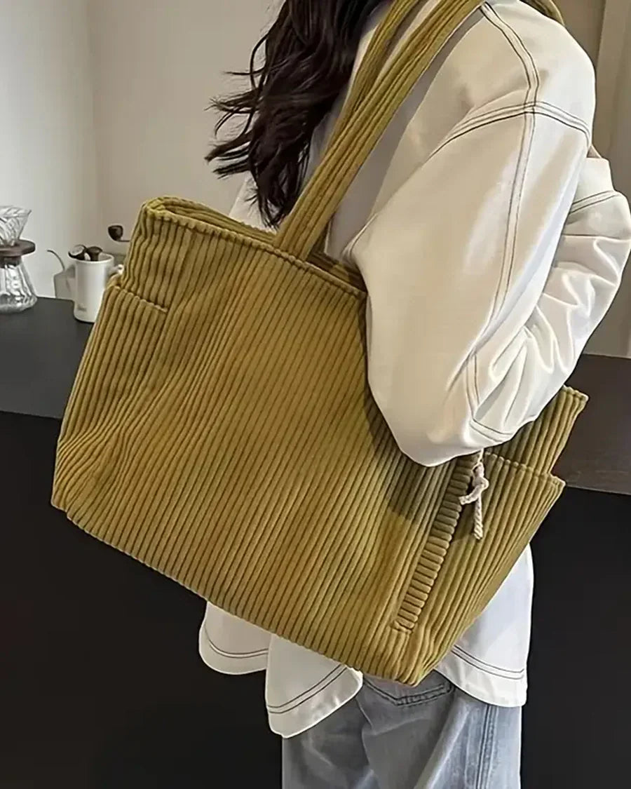Tote bag dam ribbad väska med två ytterfickor och rymligt innerutrymme