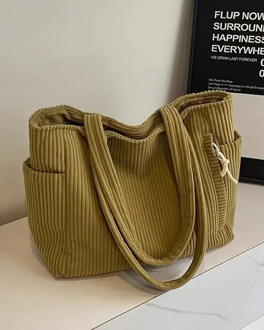 Tote bag dam ribbad väska med två ytterfickor och rymligt innerutrymme