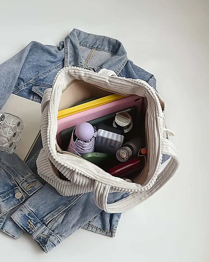 Tote bag dam ribbad väska med två ytterfickor och rymligt innerutrymme