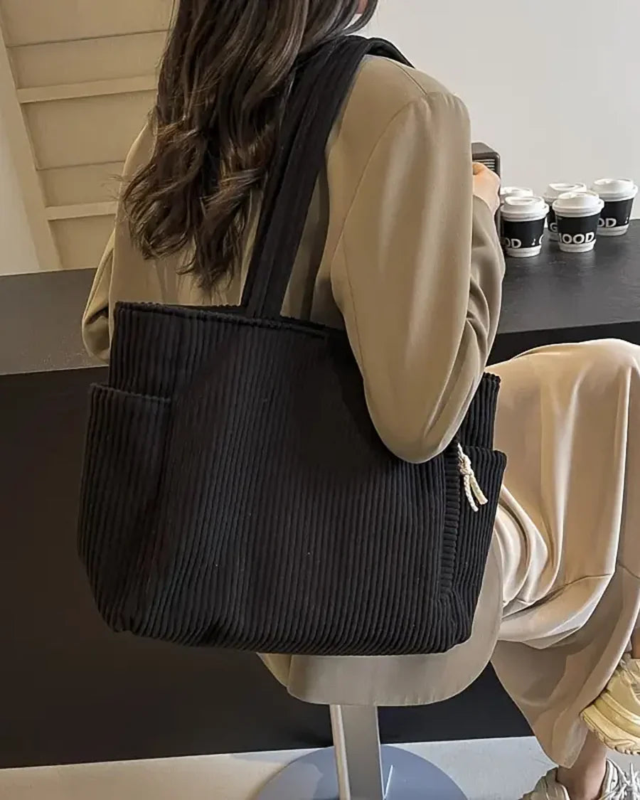 Tote bag dam ribbad väska med två ytterfickor och rymligt innerutrymme