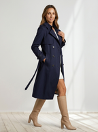 Dam lång dubbelknäppt trenchcoat med bältad midja, övergångskappa
