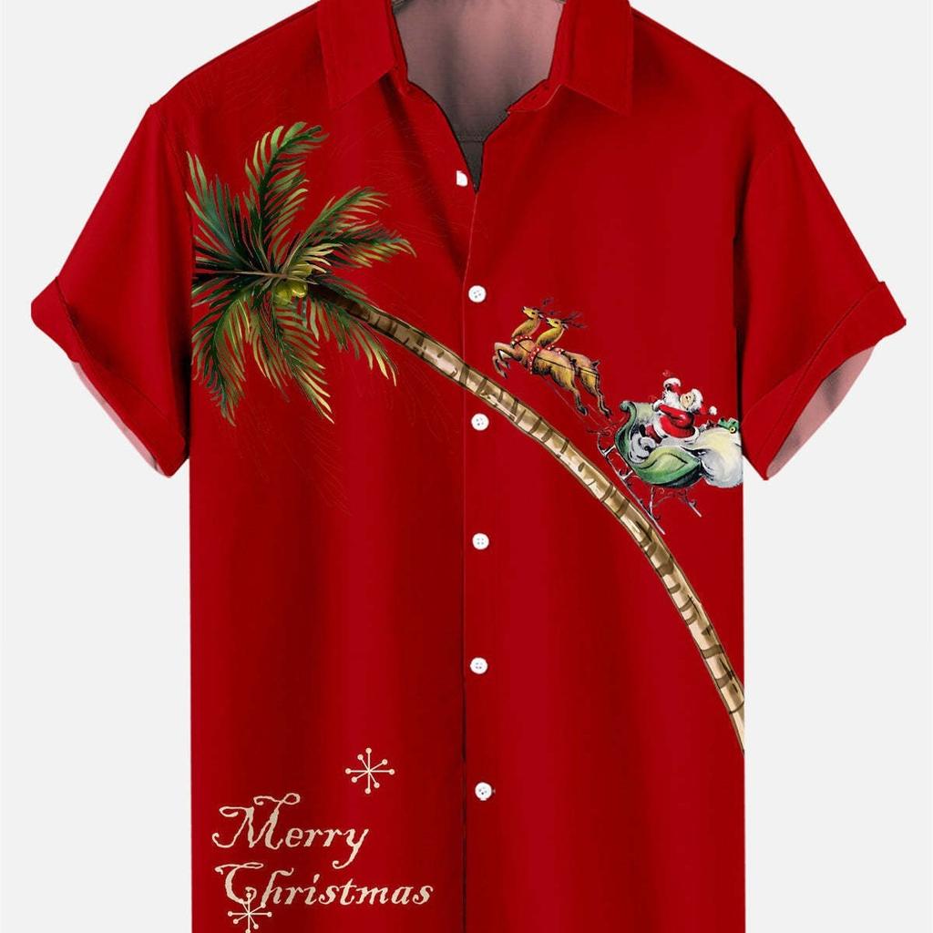 Julskjorta herr med tomtetryck, kortärmad Hawaiistil