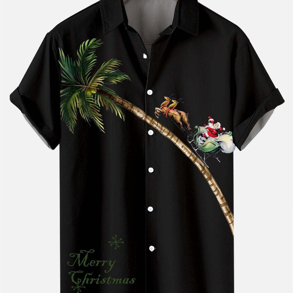 Julskjorta herr med tomtetryck, kortärmad Hawaiistil