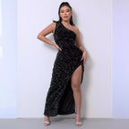 Paljettklänning dam enaxlad bodycon med lårslits, glittrande paljetter
