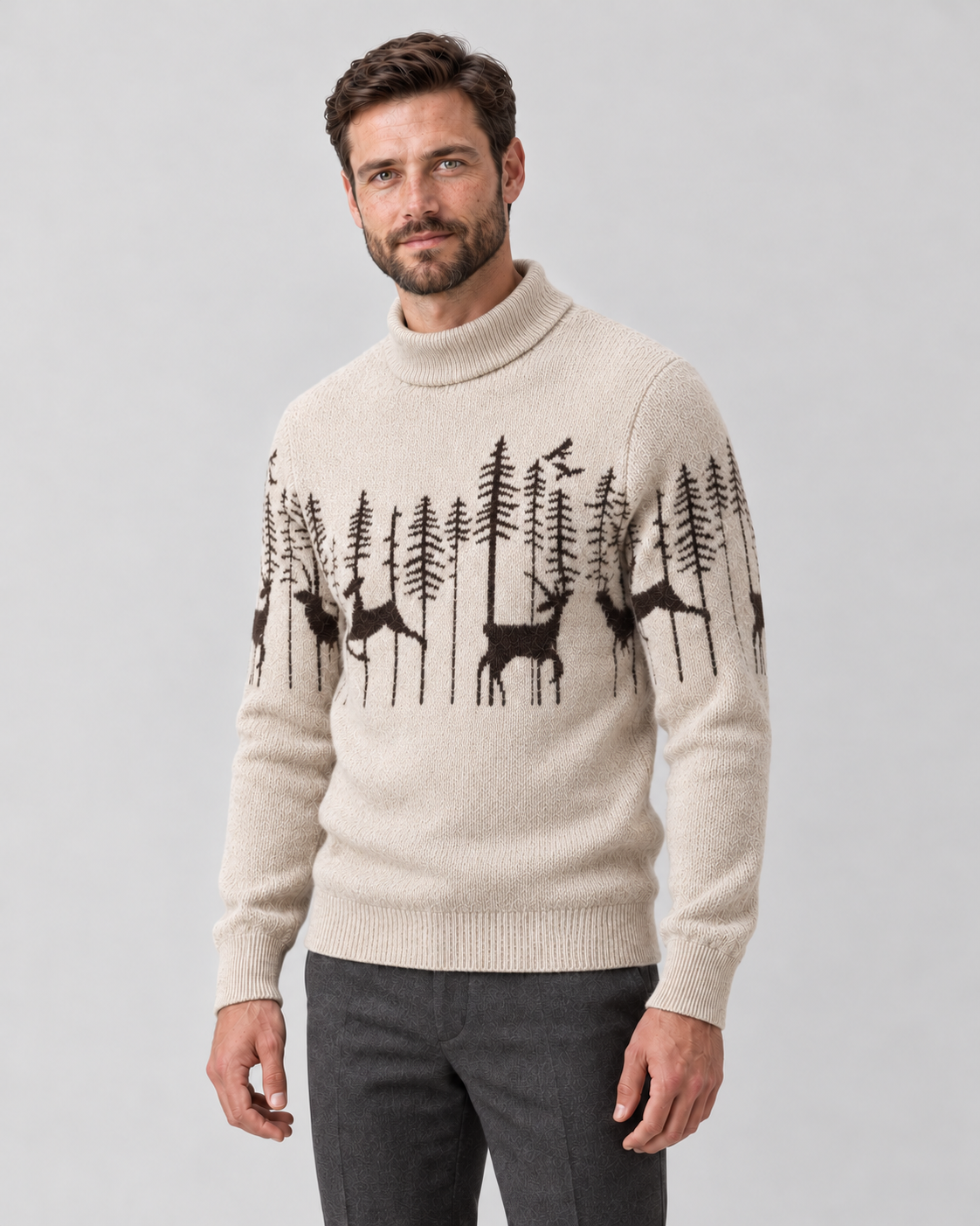 Jultröja herr med renmönster, jacquard och mockneck i mjuk stickning