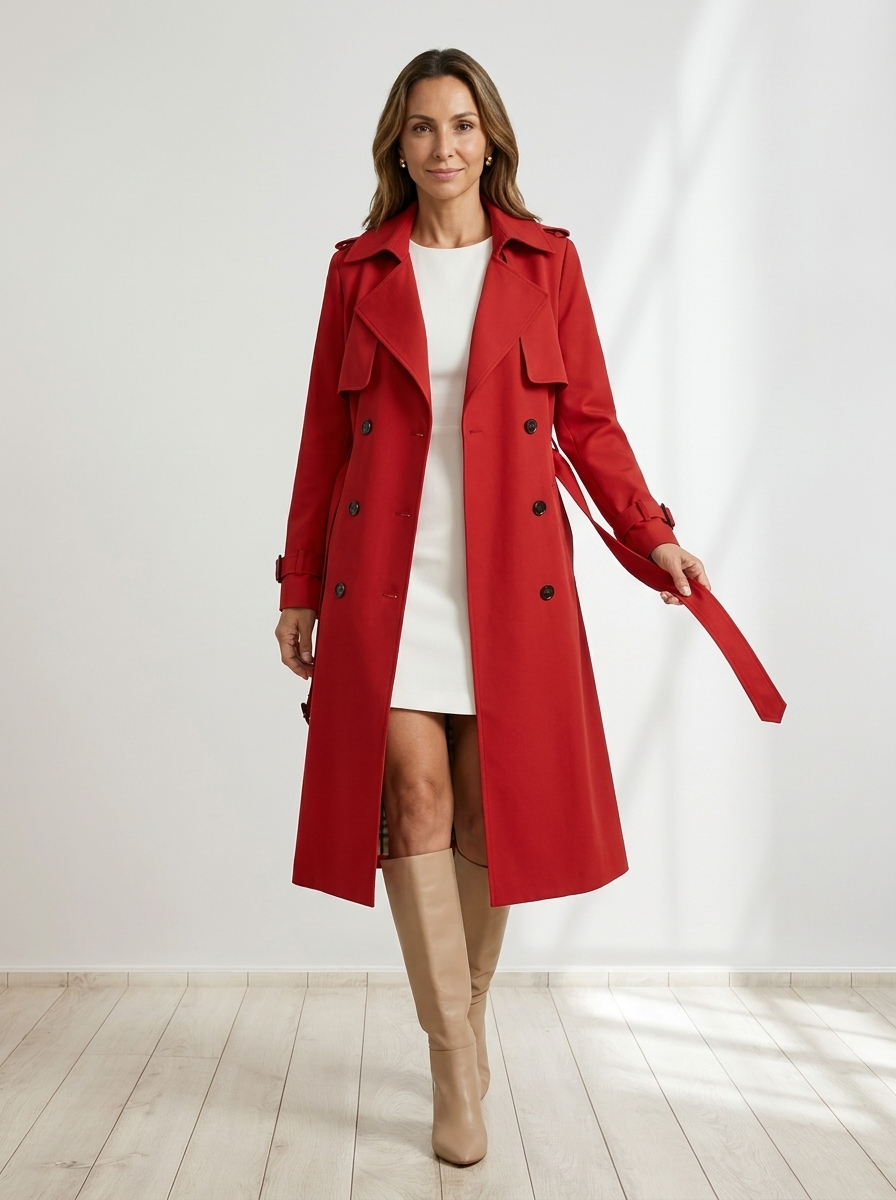 Dam lång dubbelknäppt trenchcoat med bältad midja, övergångskappa